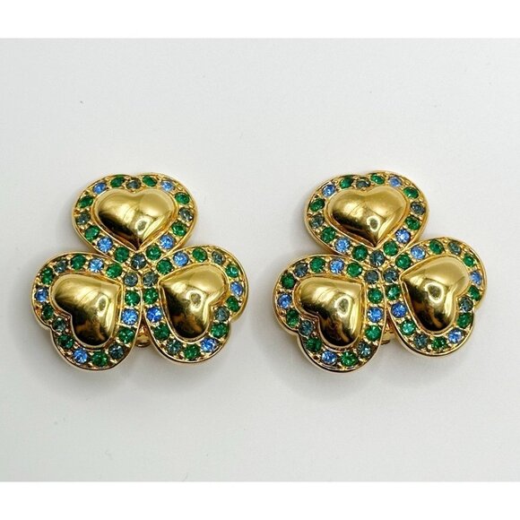 Swarovski Green Blue Crystal Heart Three Leaf Clover Clip On Earrings - Picture 1 of 5